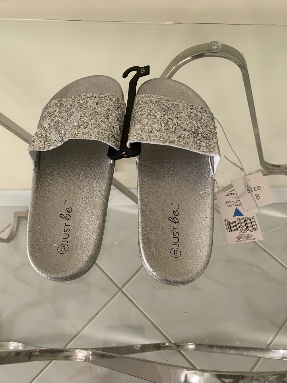 just be Metallic Silver Slide Sandals with Textured Gray Strapy size 8